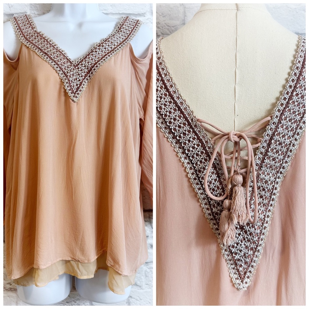Anthropologie Love Sam Metallic V Strap Off Shoulder Laced Back Layered Top